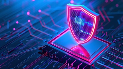 Poster - Futuristic shield symbolizing cybersecurity overlaying a microchip, representing digital protection and data security concepts.