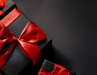 Poster -  Black Christmas boxes with red ribbon on black background, with copy space for text, id_1(46)
