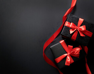 Poster -  Black Christmas boxes with red ribbon on black background, with copy space for text, ideal _1(45)