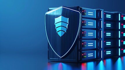 Poster - High-tech server with a shield symbol, representing data protection and cybersecurity in a modern digital environment.
