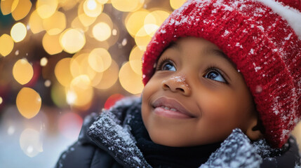 Wall Mural - A joyful child in a red hat enjoys the snowy winter day while surrounded by glowing lights at a festive holiday celebration