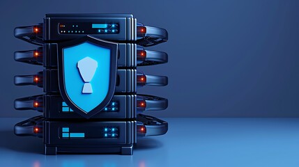 Poster - modern data server with a shield symbol, illustrating security and protection for information techno