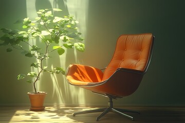 Poster - A comfortable orange chair beside a green plant in a softly lit room, creating a cozy and inviting atmosphere during the day. Generative AI