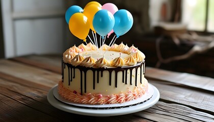 Colorful birthday cake adorned with festive balloons