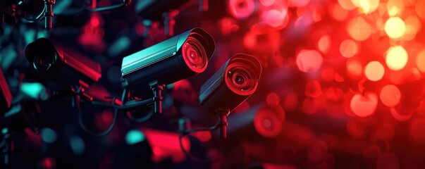 Close-up view of modern security cameras surrounded by vibrant red and blue lights, emphasizing surveillance technology in action.