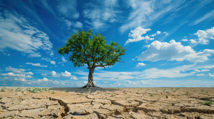 Drought, motivation and desire to live despite everything, persistence and hard work concept. Lone tree thriving in arid cracked desert landscape under blue sky