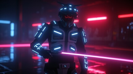 A humanoid figure in futuristic armor with glowing blue lines holds a neon pink light weapon in a dimly lit environment with red ambient lighting.