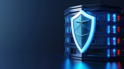 Poster - modern server with a glowing security shield, representing cybersecurity technology and data protect