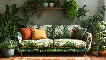 Stylish sofa paired with a lush green plant in a cozy interior setting