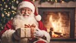 © nuiiko - Santa Claus holding a wrapped gift box, radiating holiday cheer and joy, surrounded by festive elements, symbolizing the spirit of giving during Christmas.