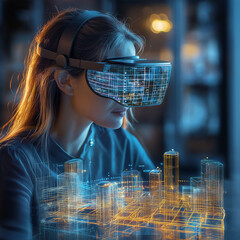  woman wearing VR glasses working with 3D model hologram visualization