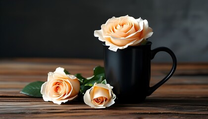 Elegant black mug adorned with a delicate rose design