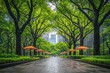 © Wafello - Lush green urban park with covered walkway and umbrellas on a rainy day