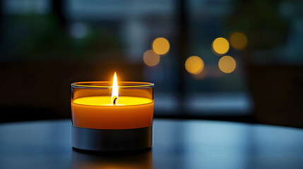 Wall Mural - A close-up of a lit candle on a black table with a blurred background