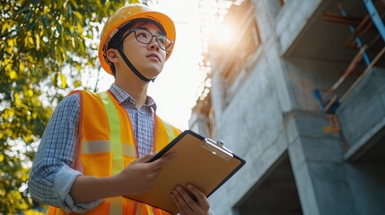 Construction worker wearing safety gear and holding clipboard at project site