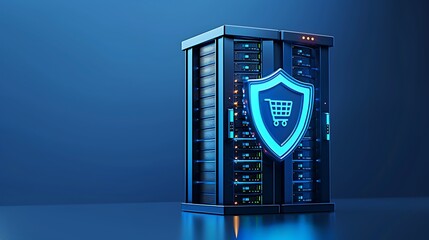 Poster - Secure server with shield symbol, representing online shopping protection and data security in a digital environment.