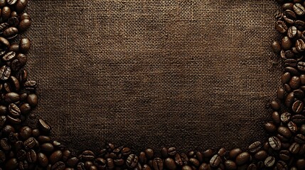 Poster - Coffee Beans Border on Burlap Hessian Sacking Background : Generative AI