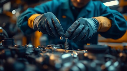 A skilled technician works on machinery components, ensuring precision assembly in a professional workshop environment.