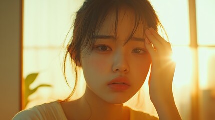 Dizzy young Asian woman sitting in living room with hands on head looking at camera