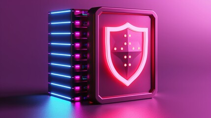 Wall Mural - Stylish neon shield symbolizing cybersecurity and data protection in a digital environment.