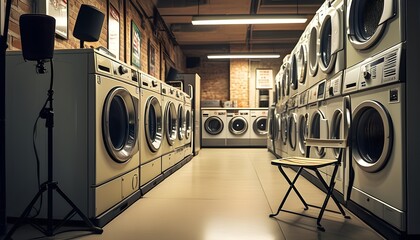 Modern laundromat scene with washing machines, dryers, mic stand, and folding chairs in an artistic architectural perspective