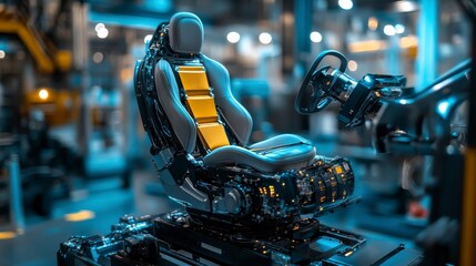 Close-up of a futuristic robotic car seat design with advanced features in a modern manufacturing environment.