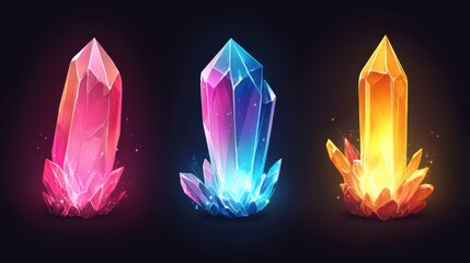 Wall Mural - Vector illustration of glowing magic crystals in pink, yellow, and blue, perfect for fantasy game UI designs.