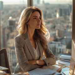 Businesswoman looking through window while working in office, Businesswoman in Stylish Suit Working on Top Floor Office