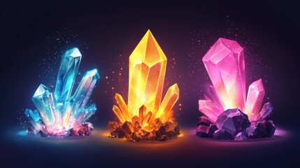 Wall Mural - Vector illustration of glowing magic crystals in pink, yellow, and blue, perfect for fantasy game UI designs.