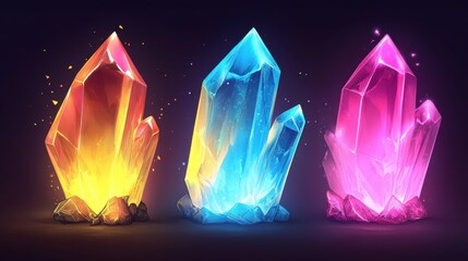 Wall Mural - Vector illustration of glowing magic crystals in pink, yellow, and blue, perfect for fantasy game UI designs.