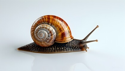 Minimalistic profile of a snail with a brown shell and white body against a pristine white backdrop, showcasing the beauty of natures design.