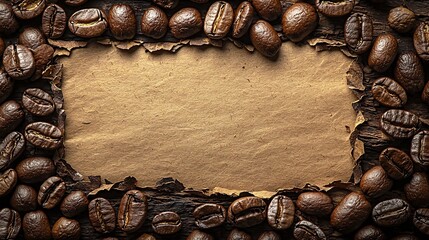 Poster - Round Frame from Coffee Beans on the Rustic Brown Paper Background : Generative AI