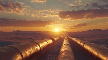 Oil pipeline crossing the desert at sunset, with a dramatic sky and vast landscape showcasing energy infrastructure.