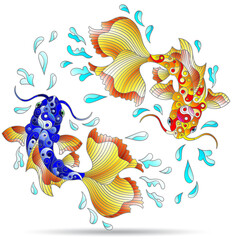 Sticker - A set of stained glass illustrations with koi carp fish, animals isolated on a white background