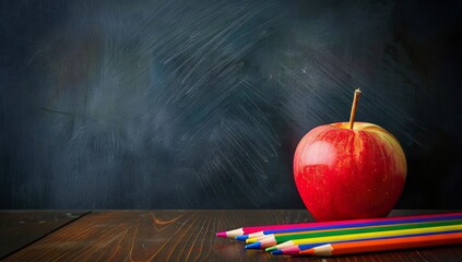 Apple and colored pencils on a table against a vintage chalkboard, learning and the joys of a new academic school term year. Education student and healthy lifestyle