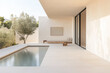 © JuanM - Modern minimalist outdoor space with pool, lounge area, and olive tree under bright daylight in a serene residential setting