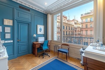 Poster - Stylish office interior with blue walls and large windows overlooking a city street during daylight hours. Generative AI