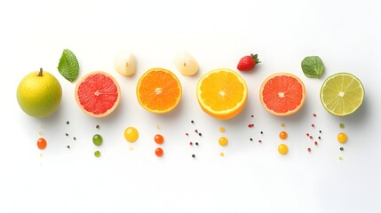 Poster - Arranged Vibrant Fruit Composition on White Background