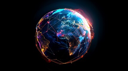 Poster - Stylized 3D globe with a glowing network of connections representing digital communication and interconnectedness around the world.