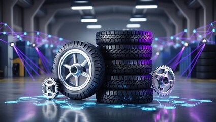 auto repair shop with warm lighting. Tires in room. Concept of auto parts, rubber