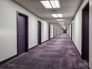  A long, narrow hallway with purple carpet and numerous closed doors