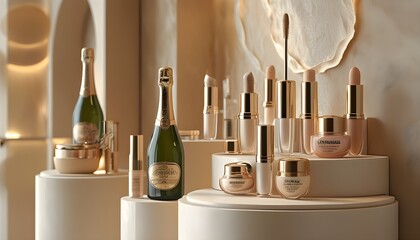 Wall Mural - Vivid Cosmetics Installation Against Champagne Wall Creating a Captivating Visual Narrative