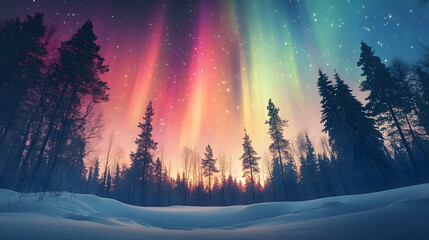 a colorful aurora bore is in the sky above a snowy forest. generative ai