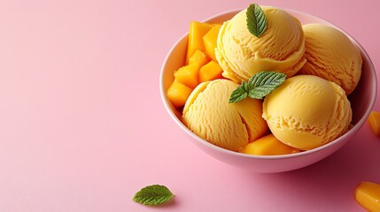 Bowl of mango ice cream with fresh mango chunks and mint leaves on pink background.