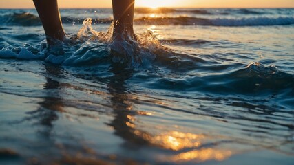 Wall Mural - A person wades through gentle waves as the sun sets over the horizon