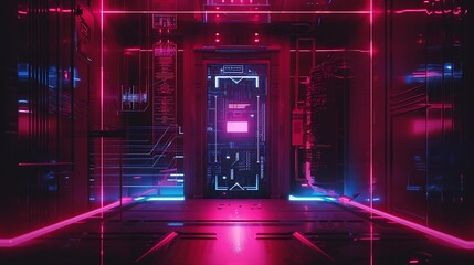 Poster - Futuristic corridor with neon lights, glowing with vibrant colors, creating a cyberpunk atmosphere.