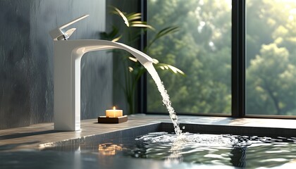 Elegant bathroom faucet with flowing water in a sunlit modern interior, showcasing a striking photorealistic design aesthetic.