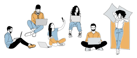 Set of different Young people working on laptop, using phone, sitting, lying on the floor. Freelance, Online, distant, remote work, learning concept. Vector drawing on transparent background.