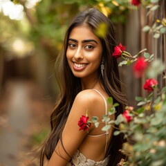 Sticker - Smiling woman with roses in her hair. AI.