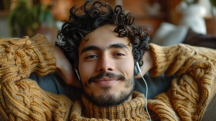 A young man relaxes with headphones on. AI.